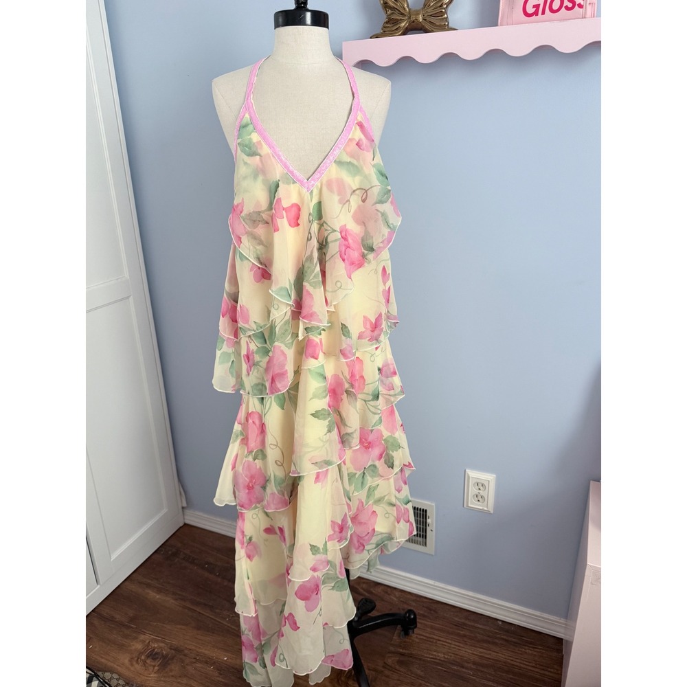 Peppermayo Floral Ruffle Halter Maxi Dress Yellow Pink YI-PM25-1735-SOL US 4
